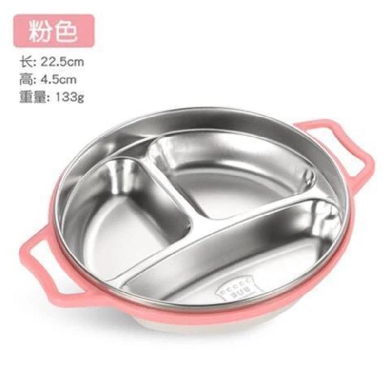 304不锈钢餐盘带盖儿童碗防摔防烫小学生分格餐盒幼儿园密封饭盒 粉色 304不锈钢餐盘[无盖]