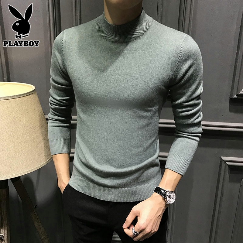 花花公子半高领毛衣男士内搭打底衫线衣春季新款修身纯色针织衫男高清大图