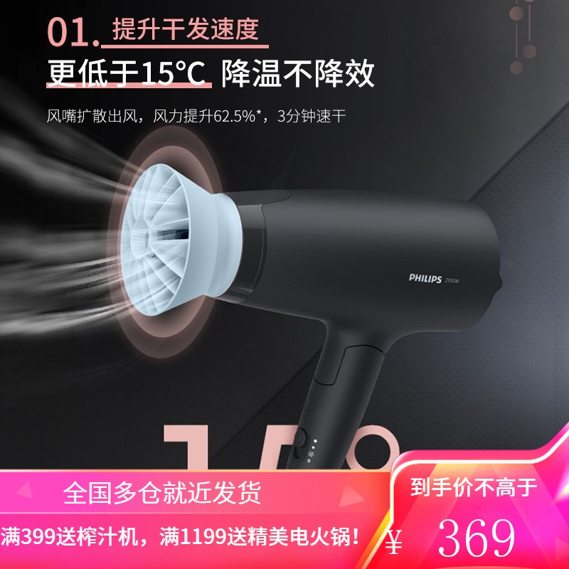 飞利浦(PHILIPS)小花筒电吹风机 负离子护发防毛躁 恒温速干 家用大功率 高速吹风筒 白色款