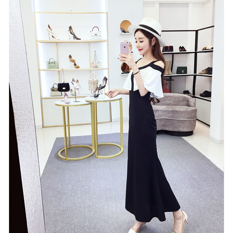 连衣裙女夏2018新款时尚修身收腰显瘦长裙仙复古露肩晚礼服带裙白拼黑