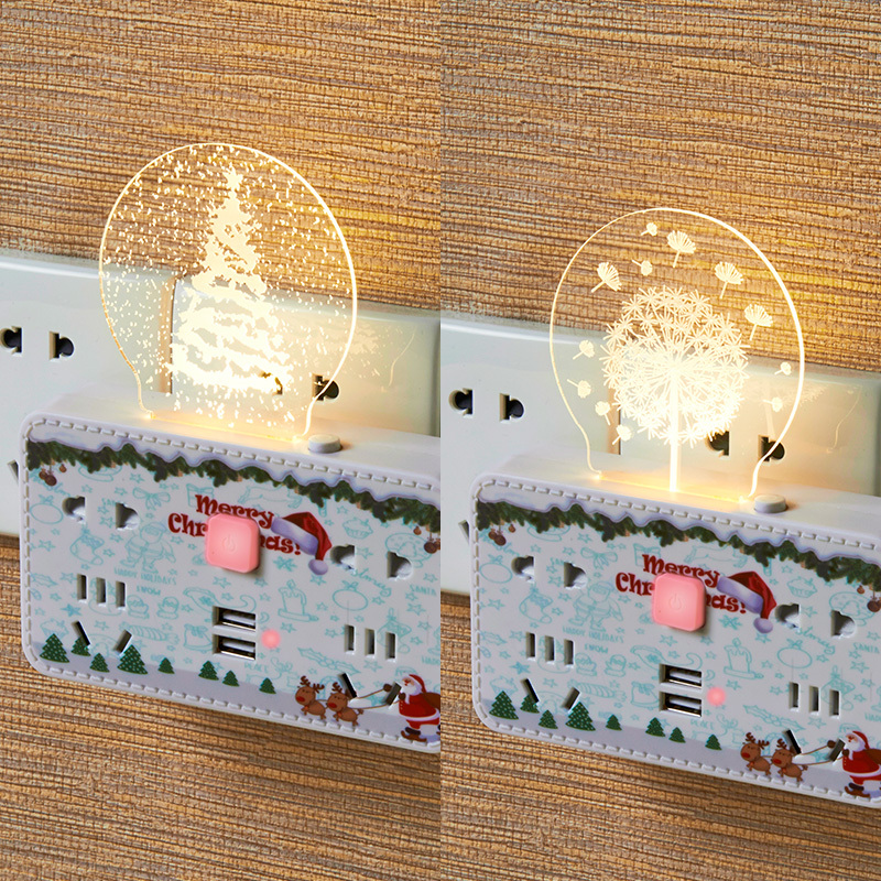 家之选 创意插座转换器带USB带3D小夜灯转换插头家用无线插排插板多功能一转三多电源接拖插线板排插 早秋自行车+蒲公英灯