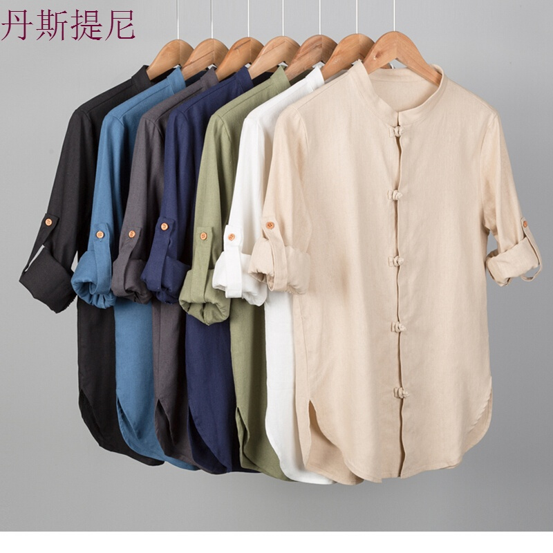 春夏季中国风男装薄款亚大码盘扣唐装中式棉麻衬衫长袖汉服胖