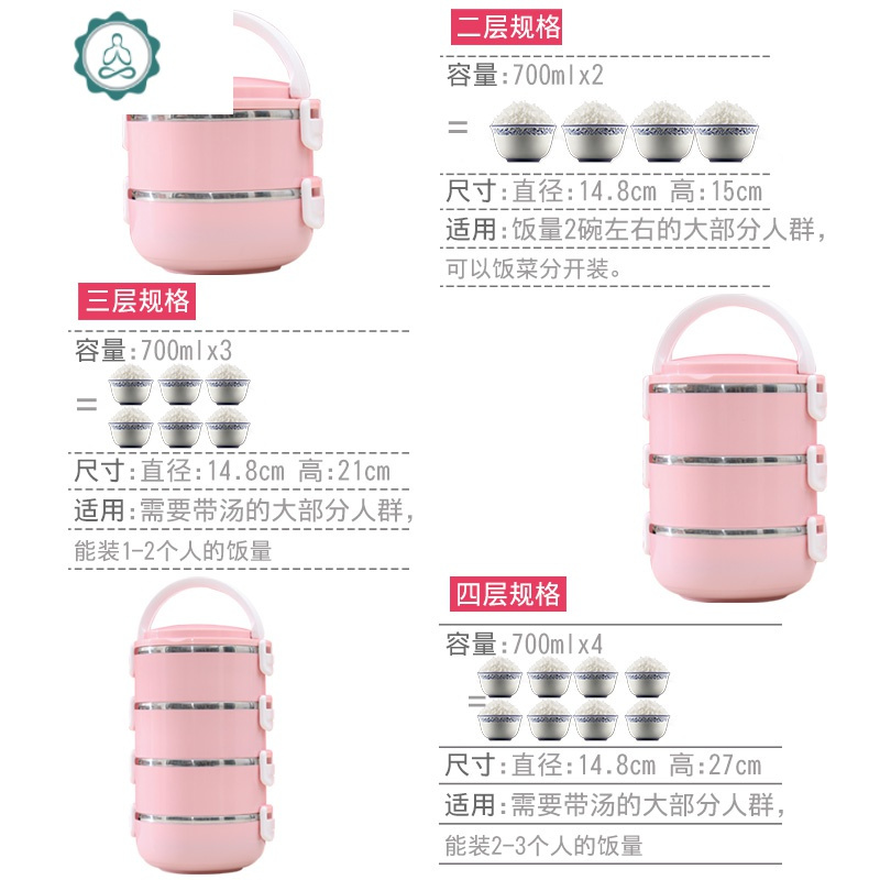 保温饭盒女便当盒304不锈钢多层便携成人上班族带盖学生韩国双层 封后 北欧粉(双层)+保温袋送餐具