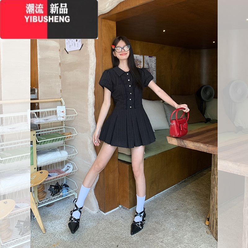 YIBUSHENG学院风白色泡泡袖衬衫连衣裙女季气质收腰小个子甜美短泡 M 黑色