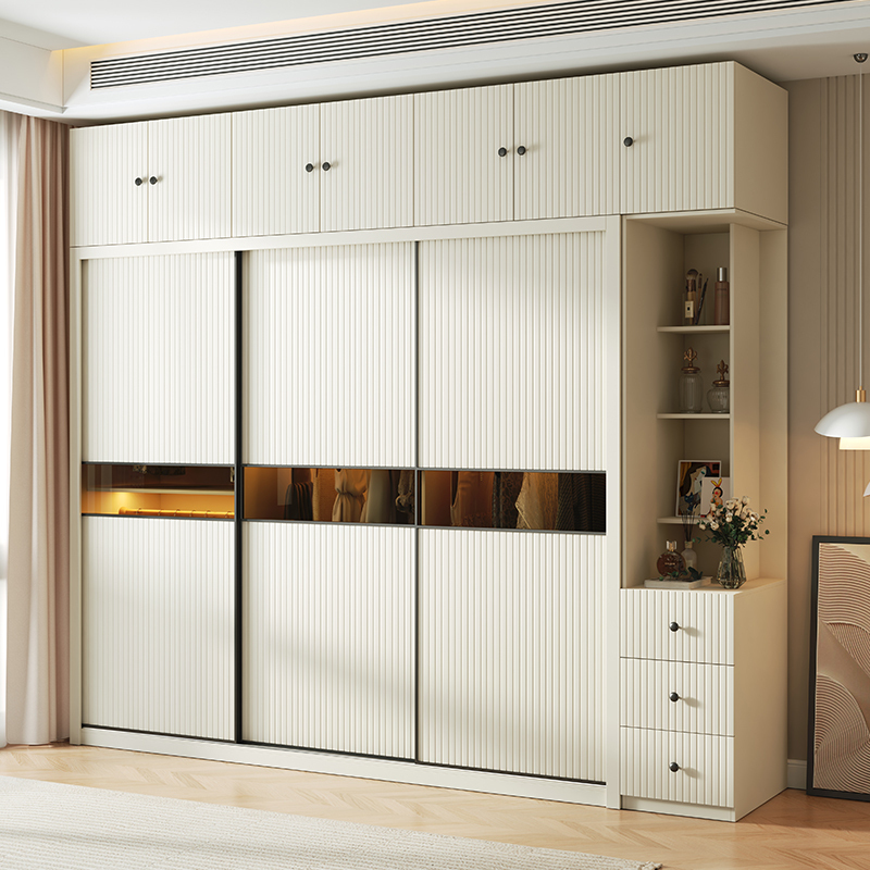 奶油白推拉门衣柜卧室家用北欧柜子实木颗粒板移门滑门衣橱小户型