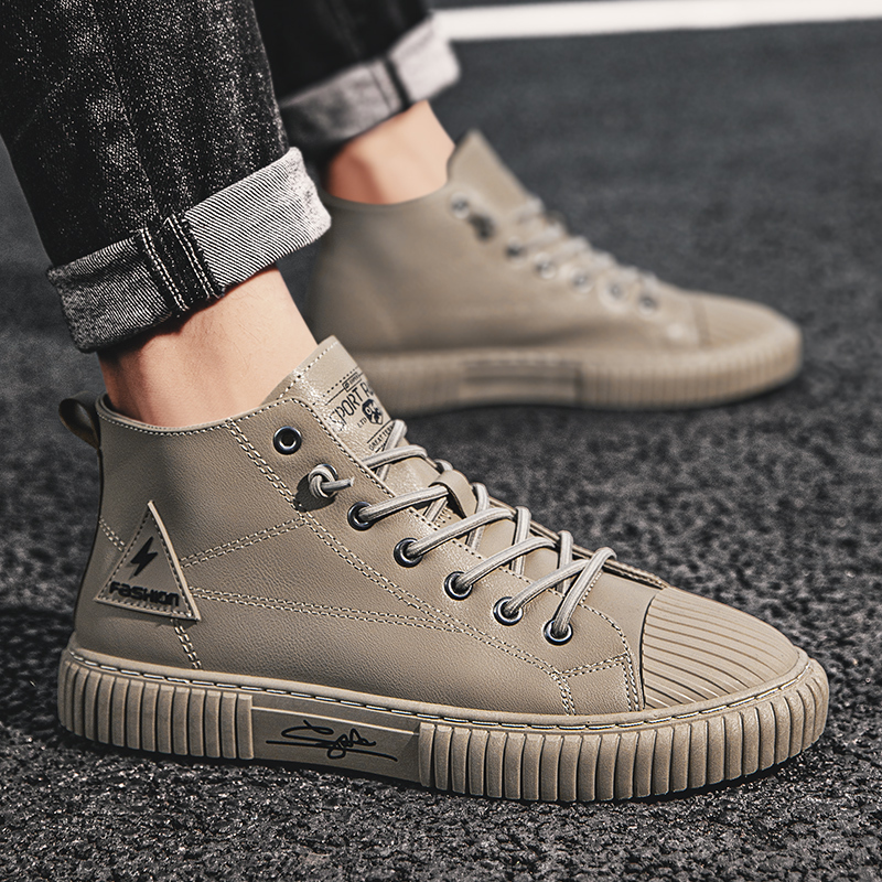 述雅春季高帮鞋子男港风潮流皮面小黑鞋ins街拍潮鞋百搭增高中帮板鞋