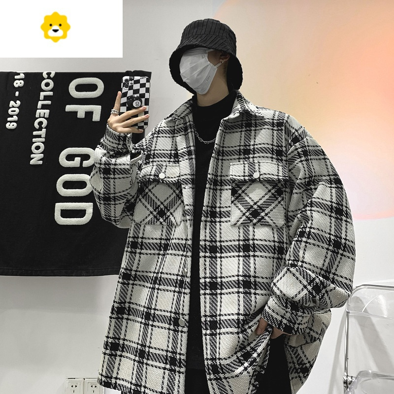 fishbasket男士格子外套男春秋季青少年潮牌男装夹克2023新款秋冬千鸟