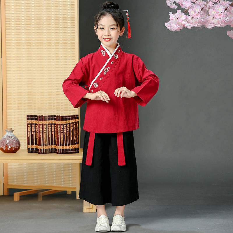 酒红女童 110 儿童唐装书童国学服夏季水洗棉男女中国风幼儿园学士服古装演出服