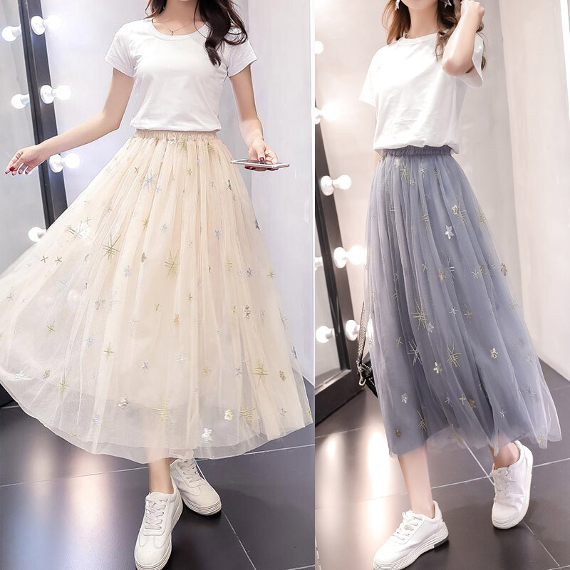 网纱半身裙女2018春夏季新款中长款纱裙学生高腰星星亮片沙沙裙子