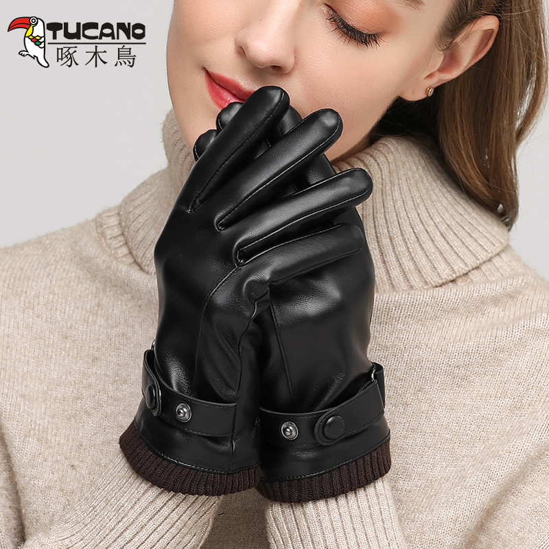 啄木鸟皮手套女冬季骑车加绒加厚防水防风触屏冬天骑行摩托车防水高清大图