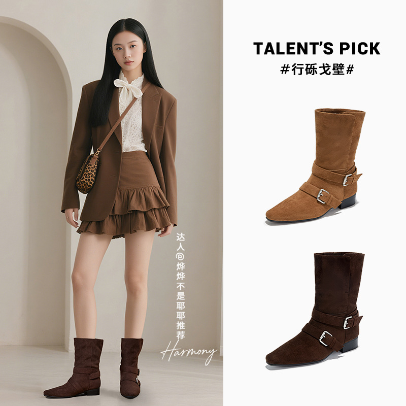 新款复古绒面短靴秋冬洋气马丁靴休闲尖头西部牛仔扣带女靴潮