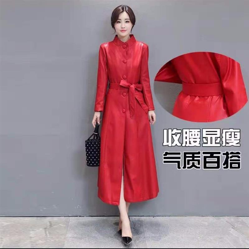 2021春秋款海宁时尚休闲韩版修身长款过膝女装皮衣外套