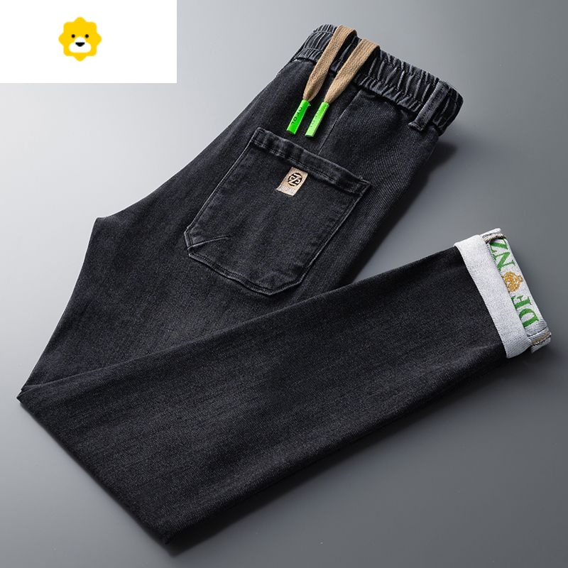 fishbasket厚款松紧腰黑色牛仔裤男潮牌宽松小脚弹力水洗休闲哈伦长裤
