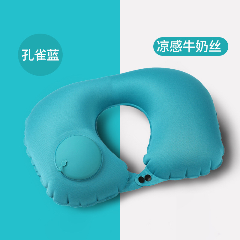 充气u型枕凉感按压充气枕旅行便携护颈枕旅游三宝可收纳飞机枕 孔雀绿（牛奶丝）（收纳袋＋眼罩耳塞）