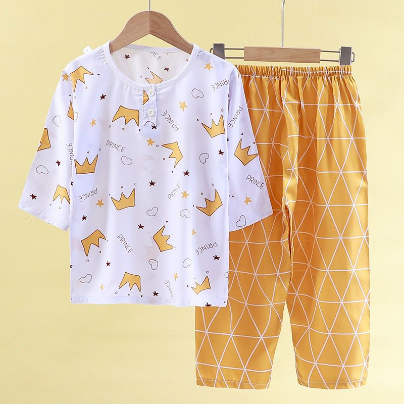 夏季宝宝绵绸睡衣男童女童棉绸套装儿童衣服中大童小孩家居服薄款绵绸