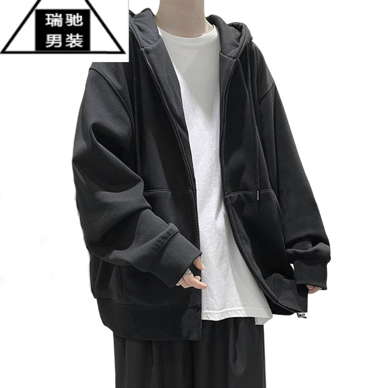 希杰狮王开衫连帽卫衣男春秋季黑色外套oversize早秋装衣服潮ins潮牌