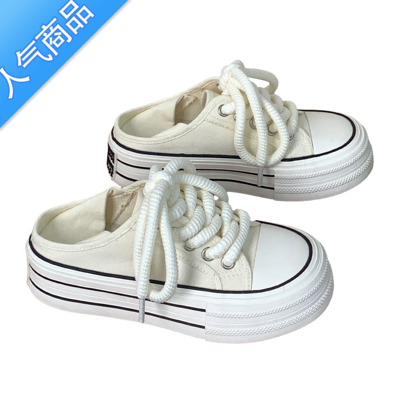 SUNTEK奶白两穿半拖帆布鞋女2023新款夏季小白鞋女百搭小众一脚蹬懒人鞋高清大图