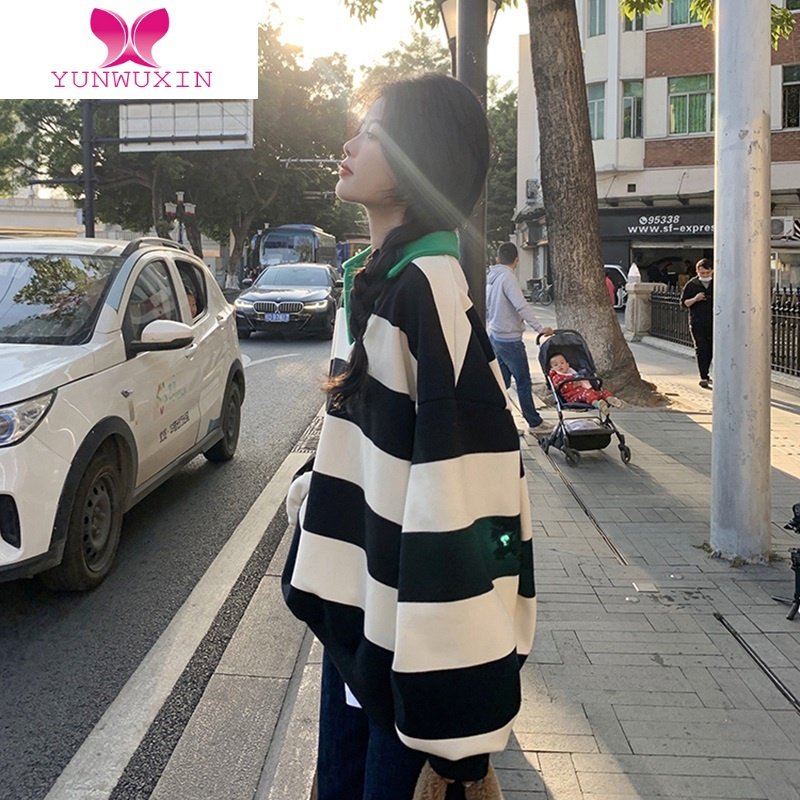YUNWUXINulzzang减龄大条纹加绒卫衣女大码宽松hiphop高街外套嘻哈潮ins酷