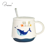海洋卡通鲸鱼带盖勺陶瓷创意潮流家用牛奶杯陶瓷杯子马克杯水杯