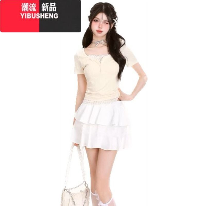 YIBUSHENG美式纯欲新款碎花假两件季辣妹上衣女短袖修身显瘦别致小众T恤高清大图