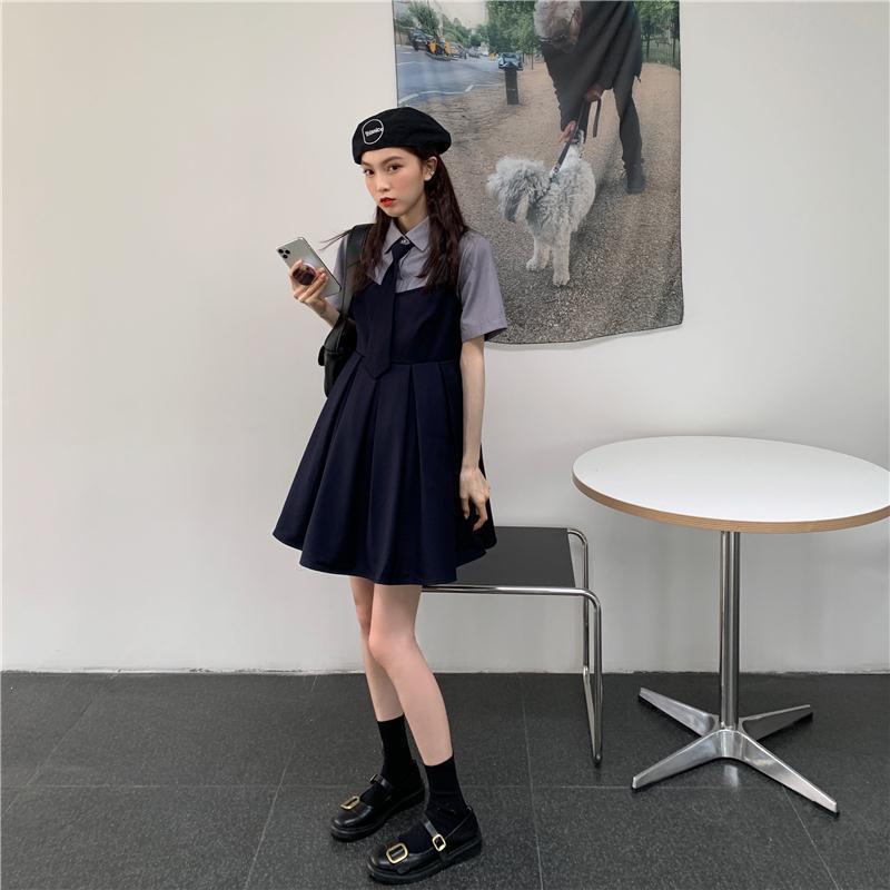 jk制服套装学院风中长款吊带连衣裙女学生韩版宽松短袖衬衫上衣灰色