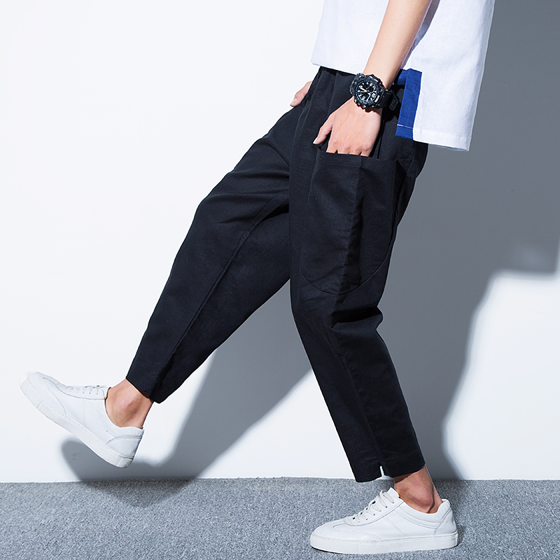 夏款新款九分裤男中国风亚麻休闲裤大码时尚哈伦裤时尚男裤