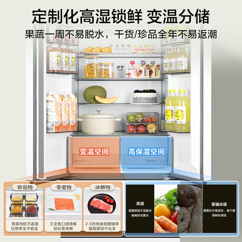[官方正品]美的超薄法式四开门多门冰箱446升超薄双开嵌入式白色家用60厘米电冰箱无霜一级双变频MR-468WUFPZE