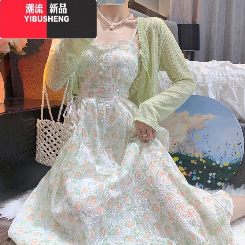 YIBUSHENG针织开衫配裙子女2024新款法式初恋甜美碎花吊带连衣裙两件套装 单件开衫 2XL