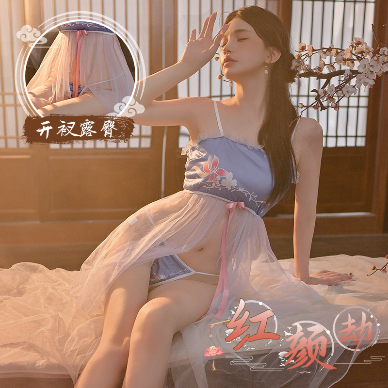 九里晴川吊带古风连衣裙蓝白色纯欲透视诱惑汉服风睡衣套装 九里晴川Q0083【吊带古风连衣裙-蓝+白色】 均码_91高清大图