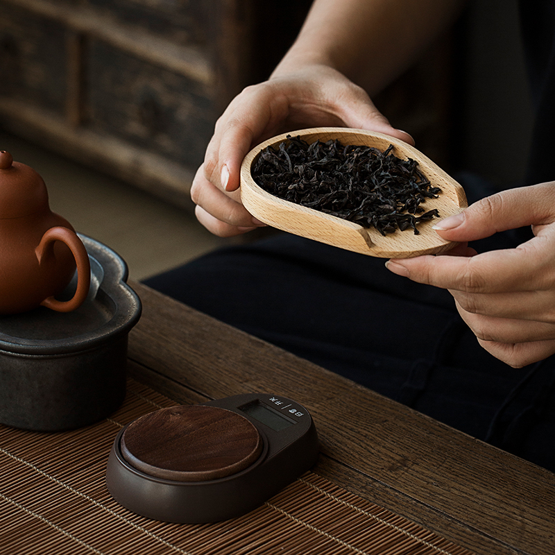 迷你茶叶克数称量器电子秤家用精准小型天平称专用计量厨房秤便携|计时红色称+胡桃木托盘