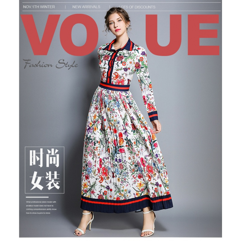 春夏新款女欧美明星款蝴蝶结长袖百褶复古碎花中长款连衣裙Y