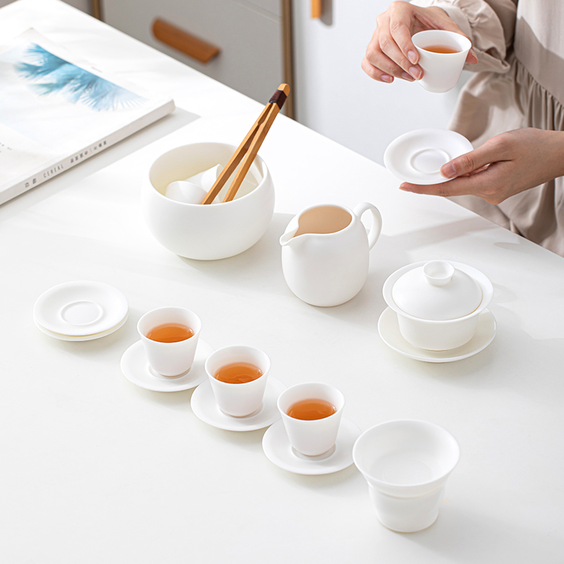 苏氏陶瓷(SUSHI CERAMICS)素烧羊脂玉功夫茶具套装三才盖碗带茶杯洗杯垫德化白瓷大套礼盒装