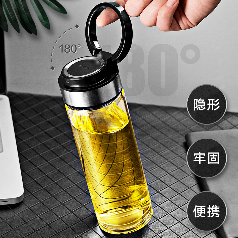 富光(FGA)大容量玻璃杯便携单层泡茶杯男透明双层加厚水杯子 双层灰色400ml(送杯套杯刷)