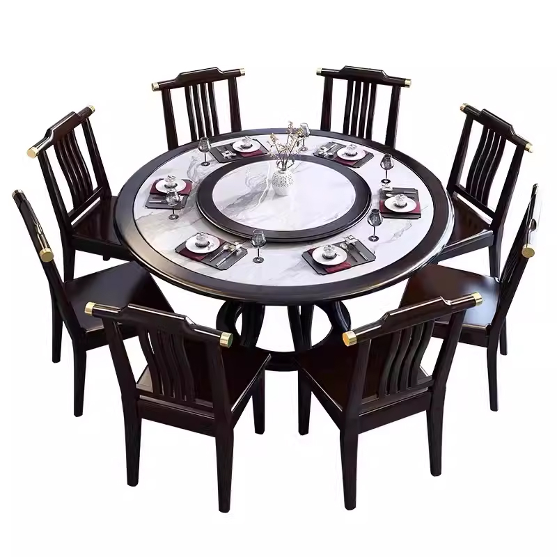 臻远 ZY5110217 岩板餐桌实木圆形餐桌椅组合1.3米圆桌8把餐椅