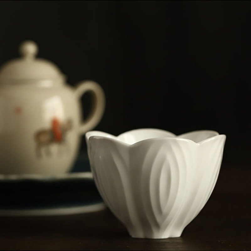 景德镇手工创意影青甜白釉陶瓷主人杯莲花杯大号仿古茶杯茶碗