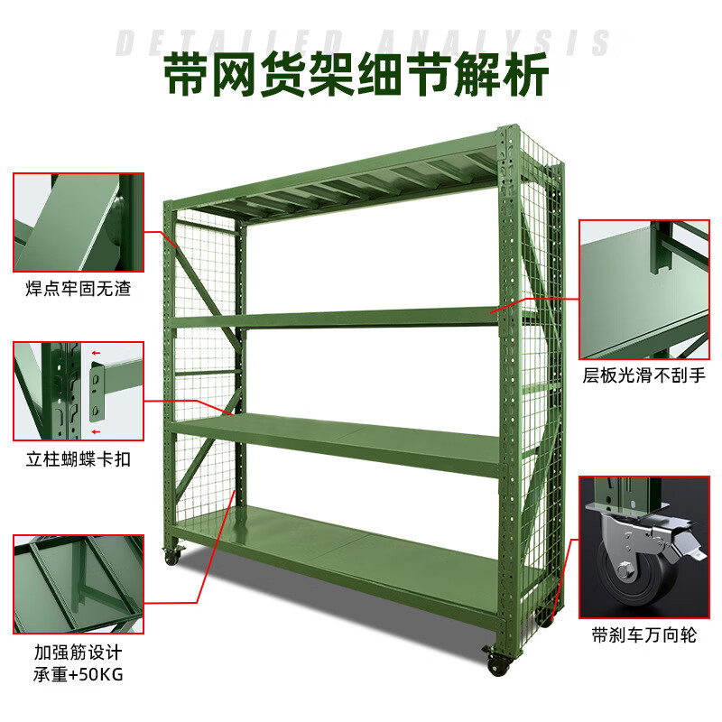 带网货架可移动战备货架单层承重500KG重型器械物资架带轮加厚三面网2000*2000*600高清大图