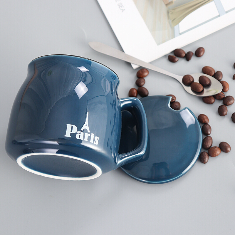 贝瑟斯 办公室喝水杯子 咖啡杯套装 陶瓷茶杯杯马克杯带盖带勺牛奶杯早餐杯 陶瓷杯子 蓝色