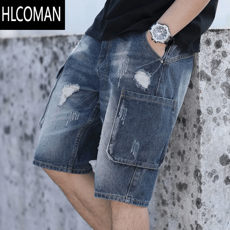 HLCOMAN牛仔短裤男工装五分裤宽松休闲潮流百搭日系复古韩版夏季男士中裤