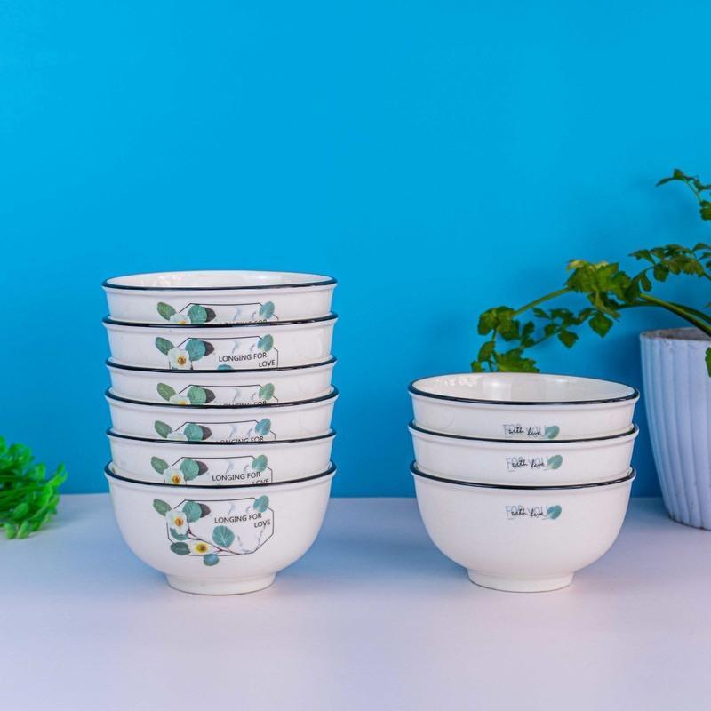 新款家用吃饭陶瓷碗家庭批发10个套装4.5/5英寸加厚防烫高档碗具 [纯白护碗]10个装 5英寸
