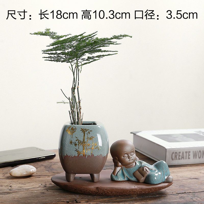 客厅装饰品猪花器摆件花插水培绿植家装饰品笔桶萌物迷你摆件|新品黑衣小和尚盆梅花不带植物