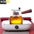三维工匠玻璃煮茶器茶壶耐高温带过滤泡茶壶侧把蒸茶壶电陶炉专用玻璃茶具 木把两用壶+米白电陶炉