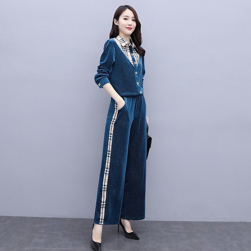 班俏BANQIAO气质女神范套装女2021新款秋季金丝绒阔腿裤时尚宽松两件套洋气套装女