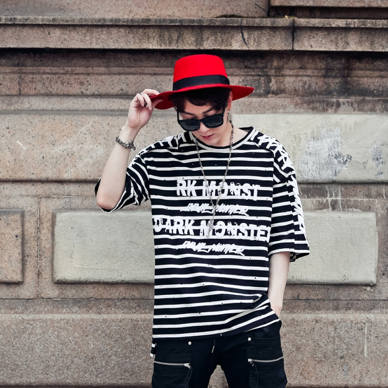 欧美高街帅气青年夜店男装夏季条纹印花宽松短袖t恤潮男街头嘻哈