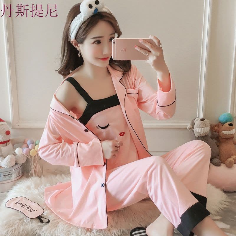 睡衣女春秋季长袖纯棉韩版女士性感带三件套装夏季薄款家居服冬图片