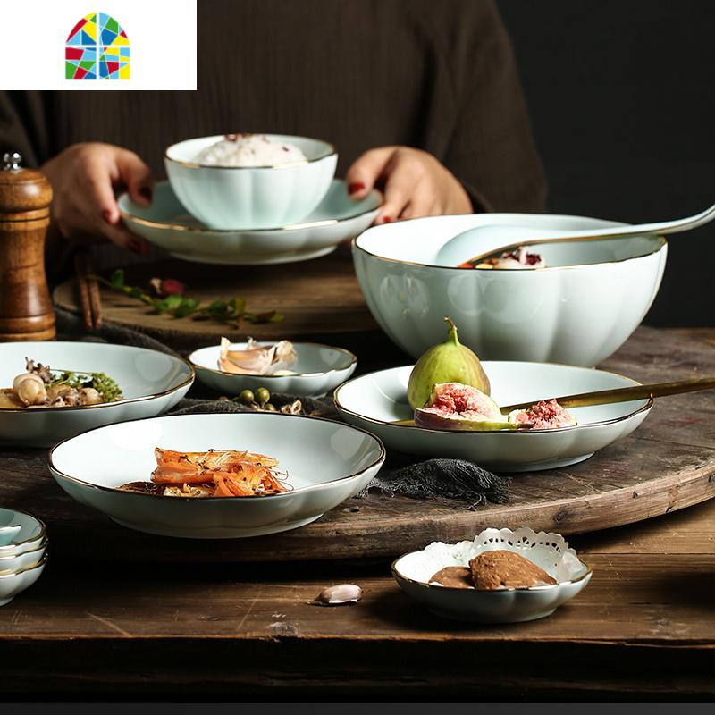景德镇描金陶瓷碗蝶套装家用欧式盘子餐具菜盘汤碗米饭碗组合影青 FENGHOU 描金南瓜碗二人食8头套组高清大图