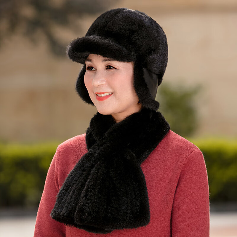 贝雷帽男女款貂皮冬季保暖中年水貂毛皮草护耳帽爷爷奶奶貂帽