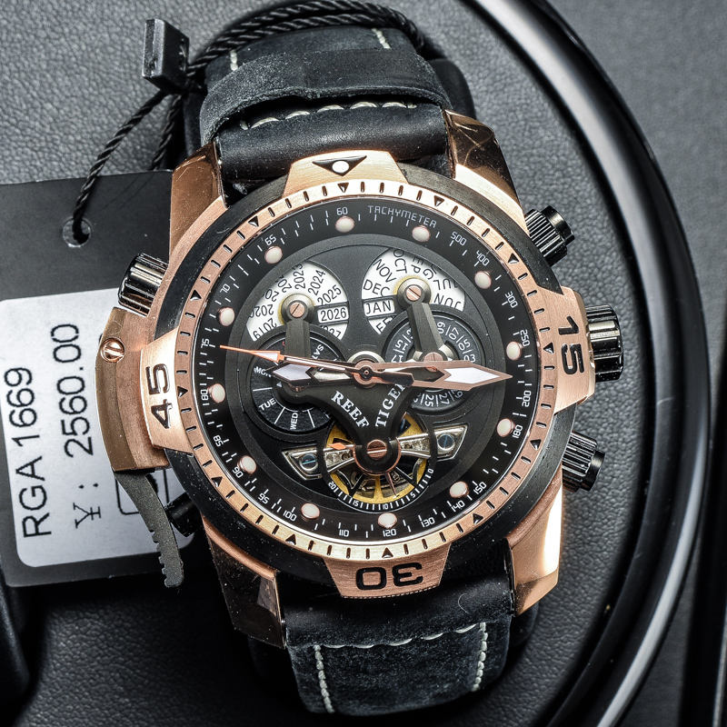 瑞夫泰格REEF RIGER时尚潮流手表多功能全自动机械表男士真皮大表盘防水军表进口机芯强夜光RGA3503 玫金纯黑黑皮