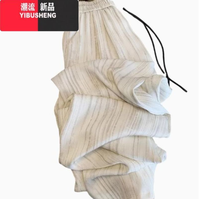 YIBUSHENG水墨画条纹缎面脏脏冰丝阔腿裤女慵懒风直筒垂感休闲裤子薄款A