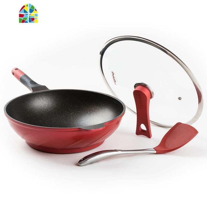 节日红 家用不粘锅食品级不粘锅 不粘炒锅煎锅透明玻璃立盖 FENGHOU 晶莹粉32厘米炒锅图片