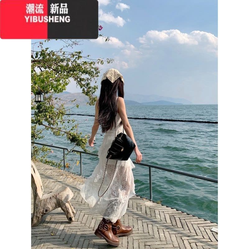 YIBUSHENG白色蕾丝吊带连衣裙女季设计感不规则荷叶边裙气质氛围感a字裙图片